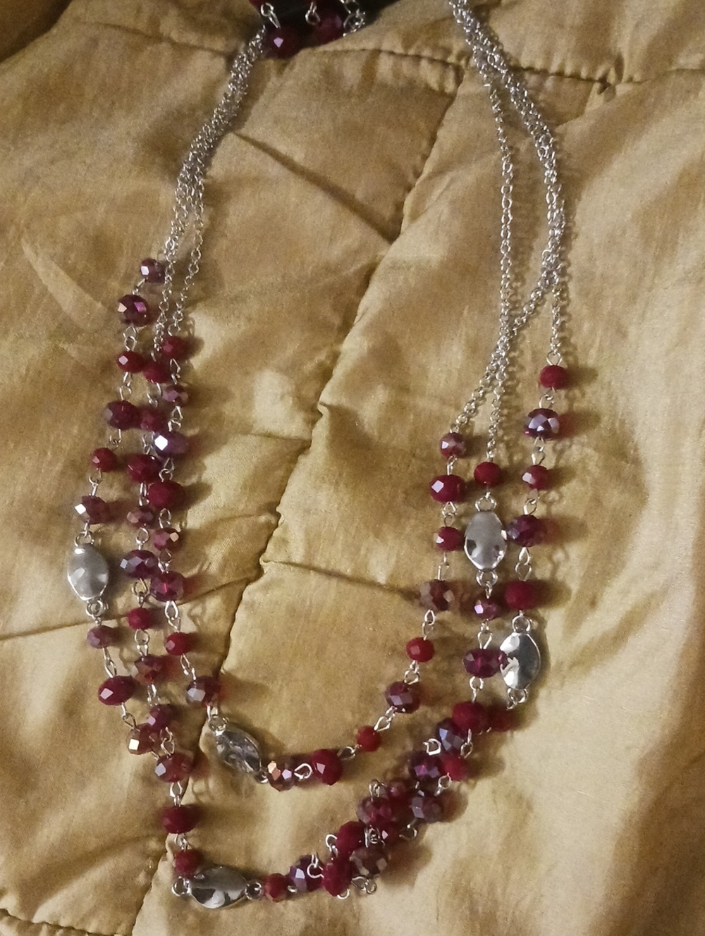 Multi-Strand Burgundy Bead Necklace with Silver Accents